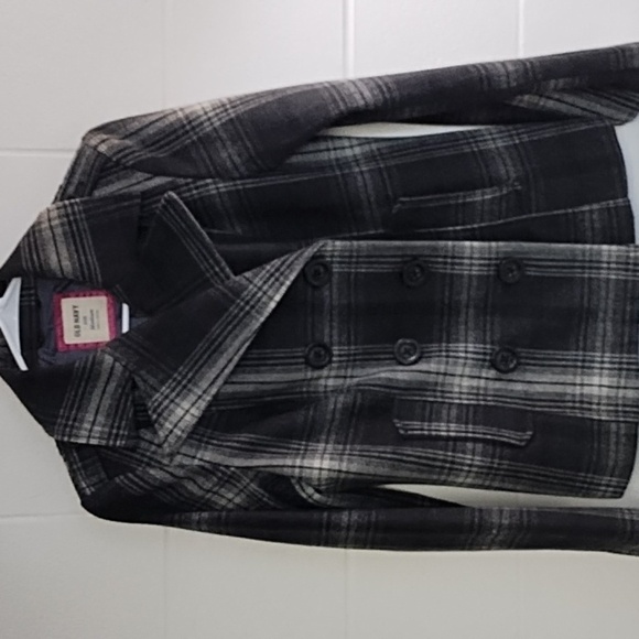 Old Navy Wool Blend Lined Double Breasted Plaid Pea Coat Jacket Medium - Picture 11 of 14